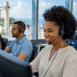 Profissionais de atendimento trabalham com headsets em central de telemarketing em Salvador