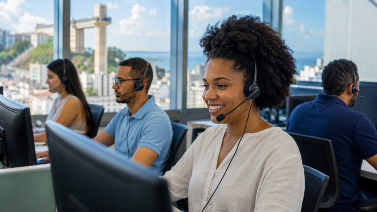 Profissionais de atendimento trabalham com headsets em central de telemarketing em Salvador