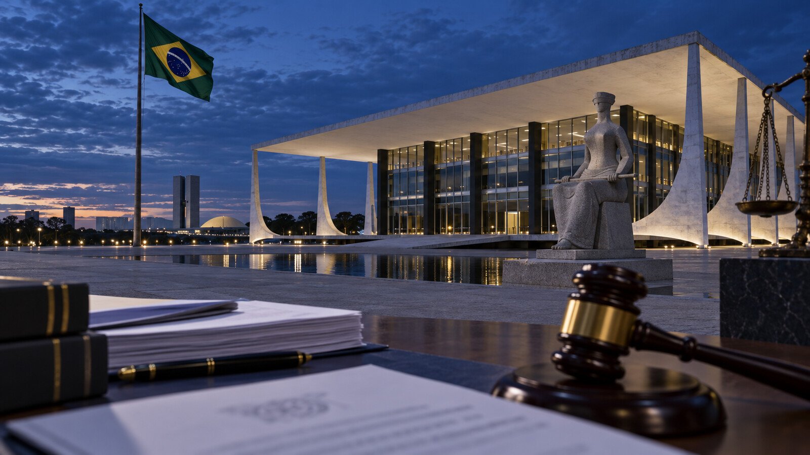 Sede do Supremo Tribunal Federal em Brasília com documentos e martelo de juiz