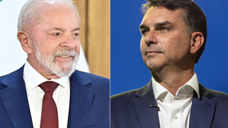 Fotografias reais de Luiz Inácio Lula da Silva e Flávio Bolsonaro em composição lado a lado