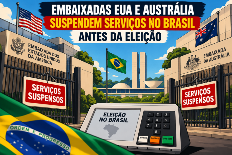 Embaixadas EUA e Austrália suspendem serviços no Brasil antes da eleição<span style='display:block;font-size:0.55em;font-weight:400;line-height:1.35;color:#555;margin-top:10px'>Os dois países citam preocupações de segurança; consulados americanos em cinco cidades também foram fechados.</span>