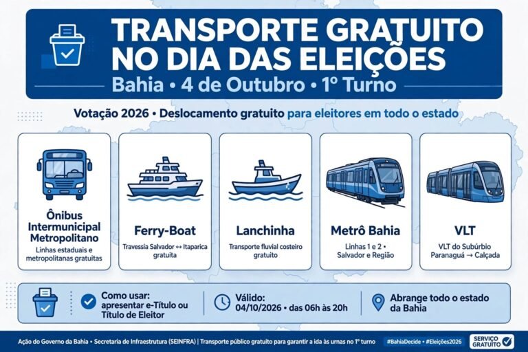 Estado da Bahia garante transporte gratuito no dia das eleições<span style='display:block;font-size:0.55em;font-weight:400;line-height:1.35;color:#555;margin-top:10px'>Medida contempla transporte intermunicipal rodoviário, metropolitano, Ferry-Boat, lanchinhas, Metrô e VLT para facilitar o deslocamento dos eleitores</span>