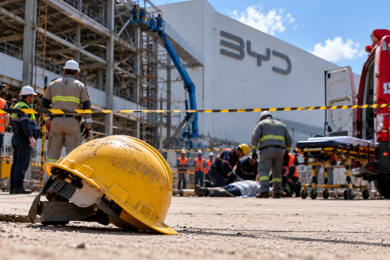 Acidente na BYD em Camaçari: trabalhador de empresa terceirizada morre após queda<span style='display:block;font-size:0.55em;font-weight:400;line-height:1.35;color:#555;margin-top:10px'>Queda ocorreu na tarde de segunda-feira (19); MPT vai abrir inquérito e a Polícia Civil registrou o caso como acidente de trabalho.</span>