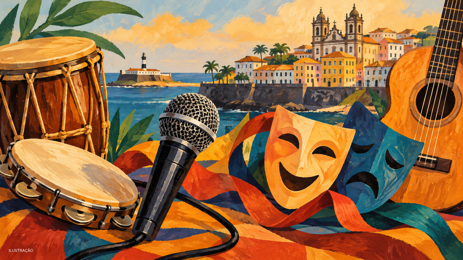 Ilustração de instrumentos musicais, microfone e máscaras de teatro para agenda cultural de Salvador