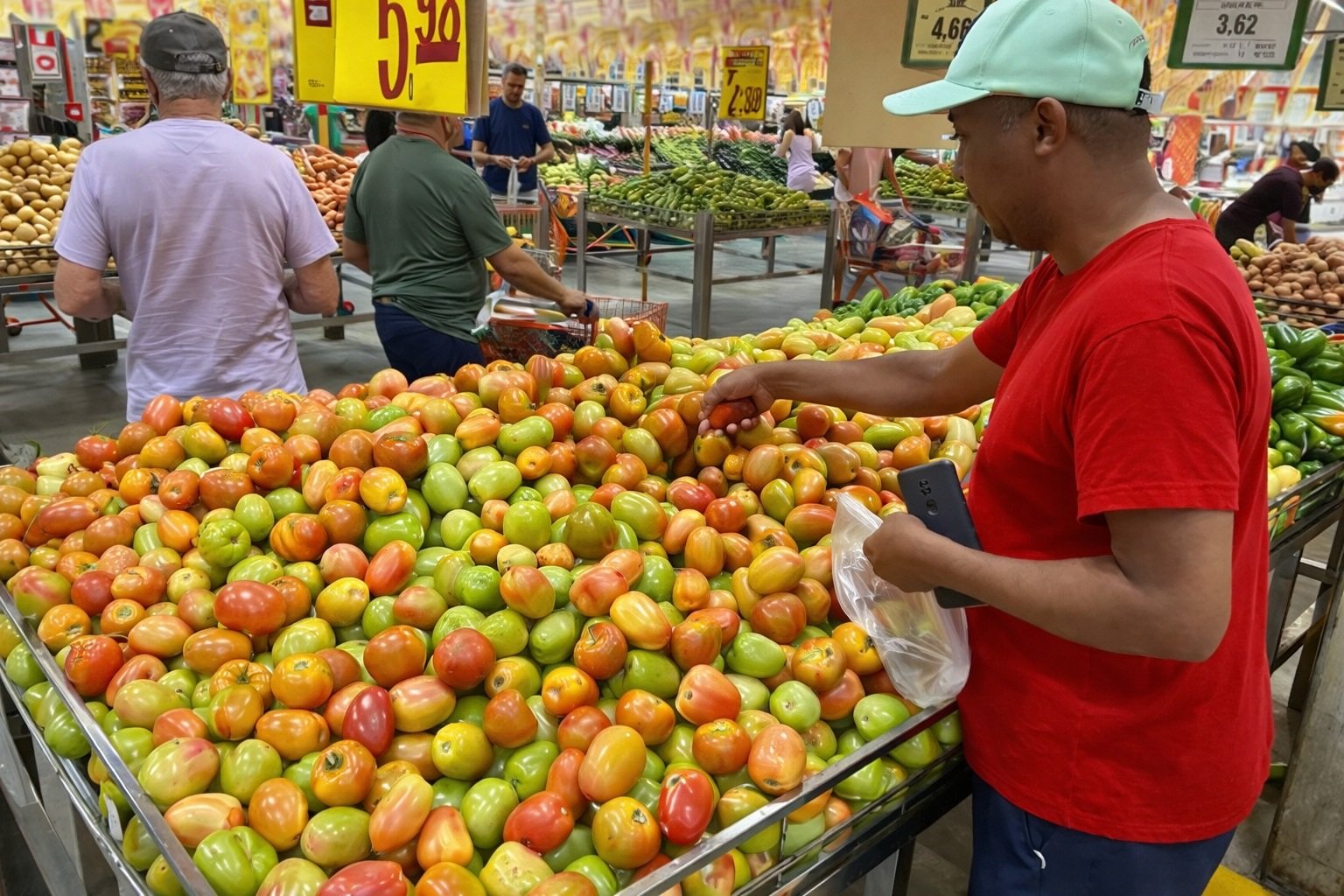 Consumidores escolhem tomates em supermercado durante pesquisa de preços
