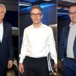 Composição de fotografias de Ronaldo Caiado, Romeu Zema e Augusto Cury nos estúdios da Globo em 1º de outubro.