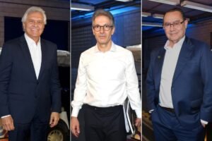 Composição de fotografias de Ronaldo Caiado, Romeu Zema e Augusto Cury nos estúdios da Globo em 1º de outubro.
