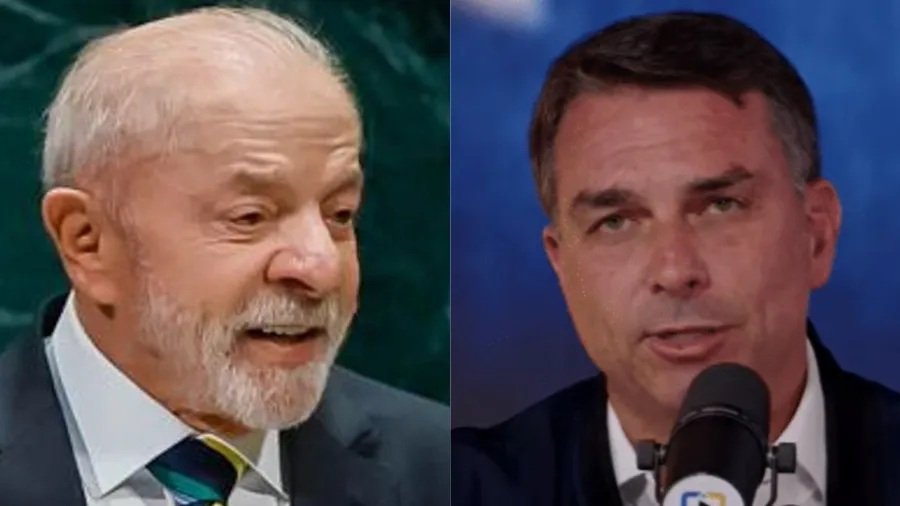 Montagem com fotografias de Lula à esquerda e Flávio Bolsonaro à direita