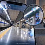 Ilustração gerada por IA: imagem de estação de metrô em um celular, lupa e balança da Justiça.