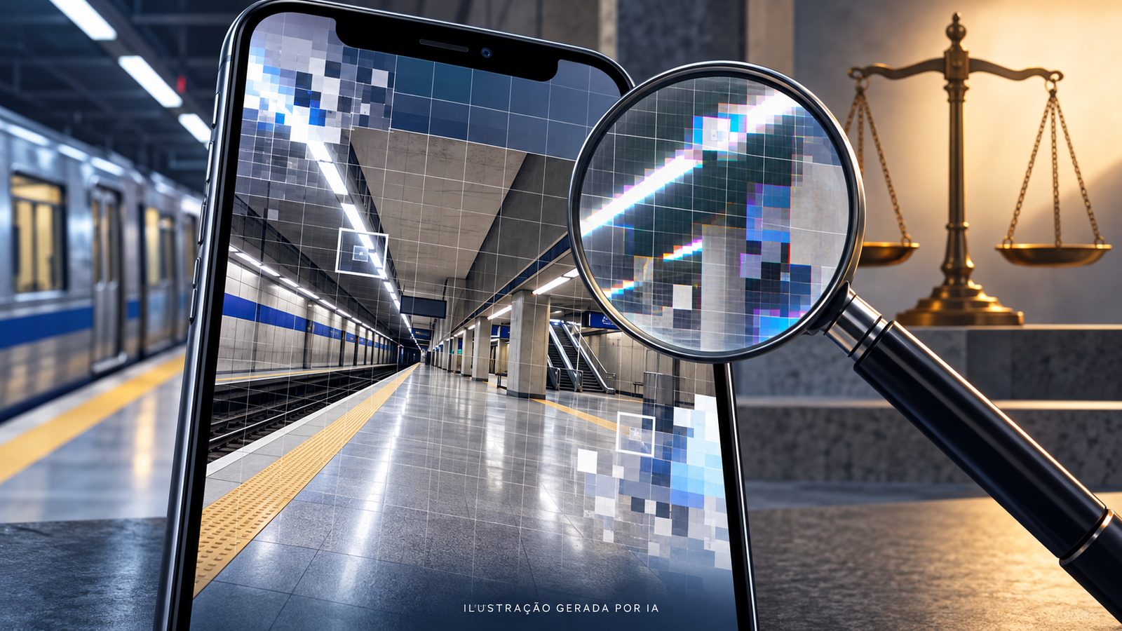 Ilustração gerada por IA: imagem de estação de metrô em um celular, lupa e balança da Justiça.