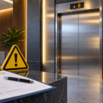 Ilustração gerada por IA de elevador fechado, sinal de atenção e itens de inspeção.