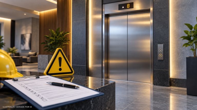 Ilustração gerada por IA de elevador fechado, sinal de atenção e itens de inspeção.