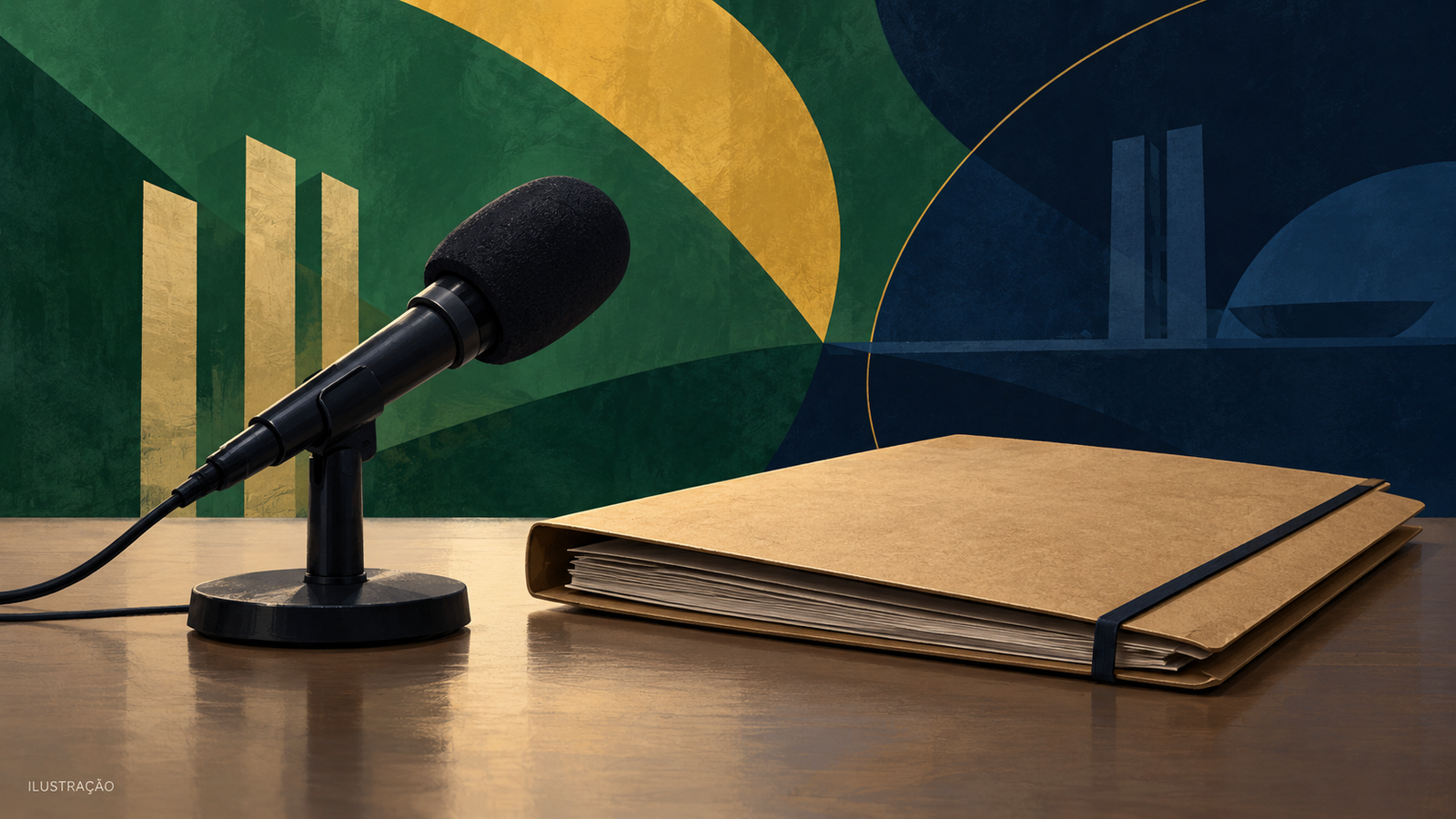 Ilustração de microfone e pasta de documentos para matéria sobre declarações de Lula a respeito de Vorcaro