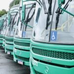 Ônibus verdes da frota do transporte coletivo de Salvador estacionados lado a lado