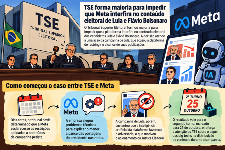 TSE e Meta: tribunal forma maioria contra interferência em conteúdo eleitoral de Lula e Flávio<span style='display:block;font-size:0.55em;font-weight:400;line-height:1.35;color:#555;margin-top:10px'>Pontífice voltou ao Palácio Apostólico no sábado e conduziu a oração neste domingo, 18 de outubro, após cirurgia no pulmão.</span>